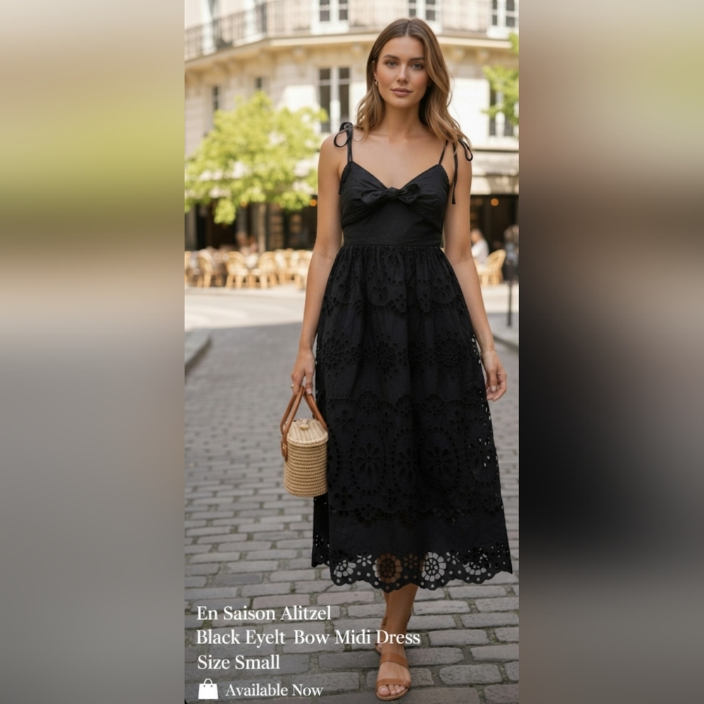 En Saison Alitzel Black Eyelet Bow Midi Dress Size Small